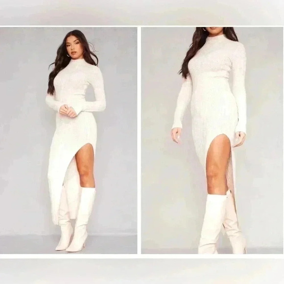 PrettyLittleThing Cream High Neck Dress - Picture 1 of 9
